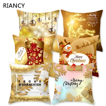 

1Pcs Golden Christmas Snow Pattern Cushion Cover Polyester 45*45cm Decorative Pillowcase New Year Sofa Home PillowCover 40996