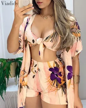 

Women 3 Pcs Set Suits Print Tie Front Top and Shorts Sets With Cover Up Cardigan