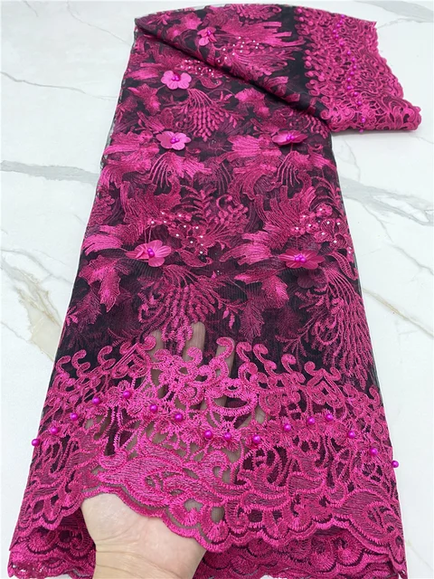 PGC African 3D Mesh Lace Fabric Embroidery African French Lace Fabric 2021 High Quality Lace With Beads Wedding Sewing YA4178B-1 african lace fabric5