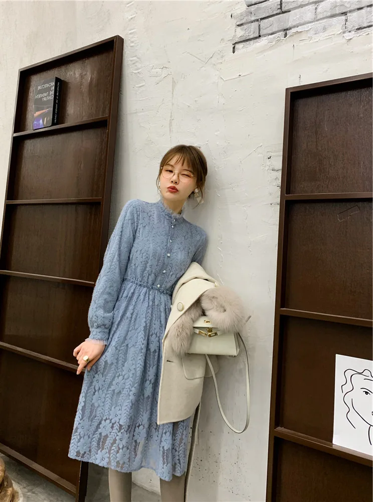 Heydress весеннее женское однотонное платье с пуговицами, Дамское элегантное платье с длинным рукавом, женское французское кружевное Повседневное платье с высокой талией