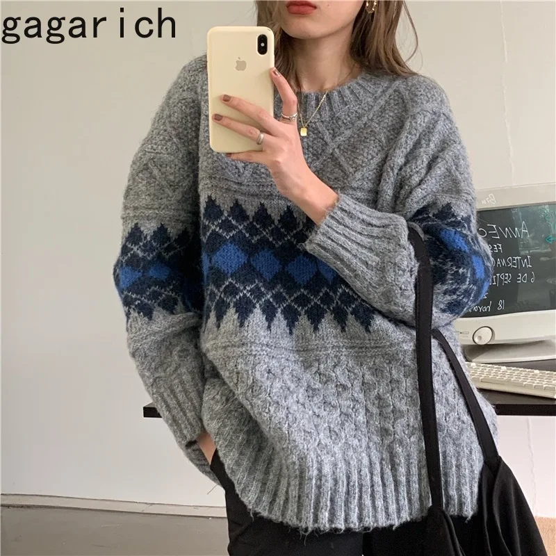 Gagarich Knitted Sweater Women Korea Chic Sweet Temperament Retro Girl Rhombus Color Matching Loose Long-Sleeved Twist Pullover | Женская