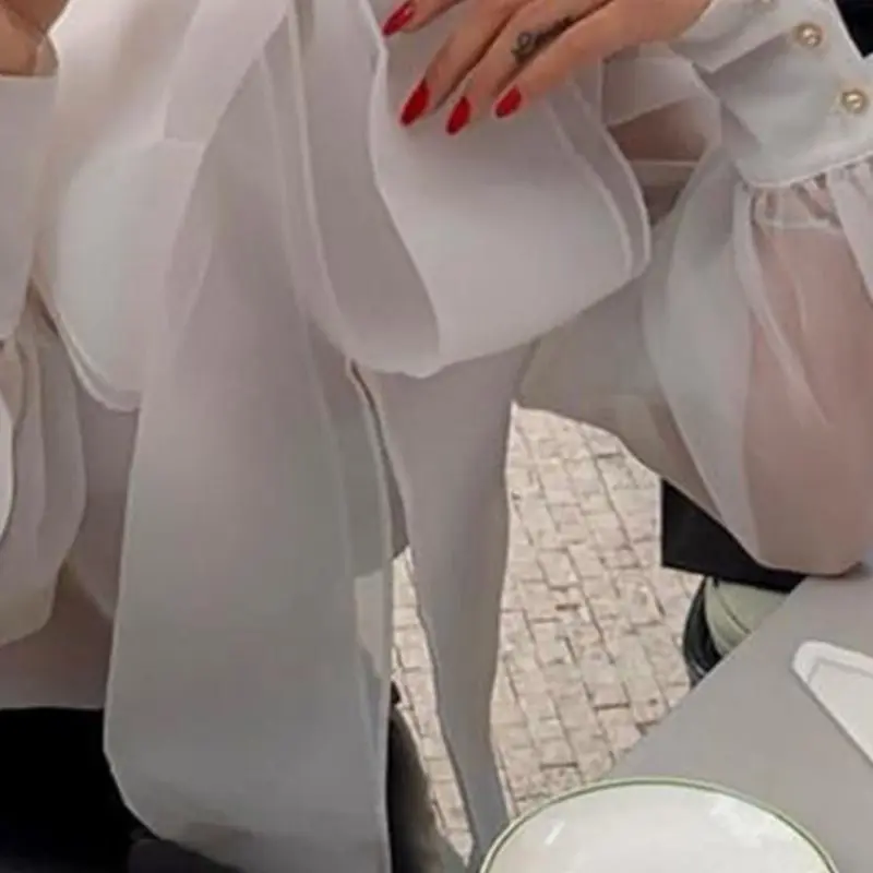 Элегантная Офисная Женская водолазка с бантом, сетчатая блузка, белая женская винтажный буф с длинным рукавом, сексуальные прозрачные вечерние топы