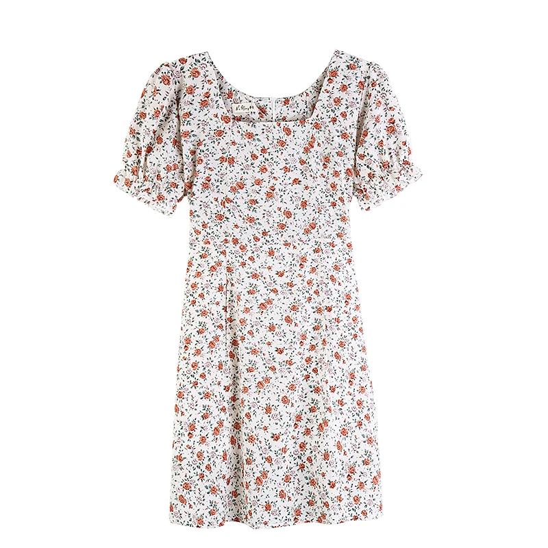 Spring 2020 new blue floral dress women's summer French square collar looks thin bubble sleeve | Женская одежда