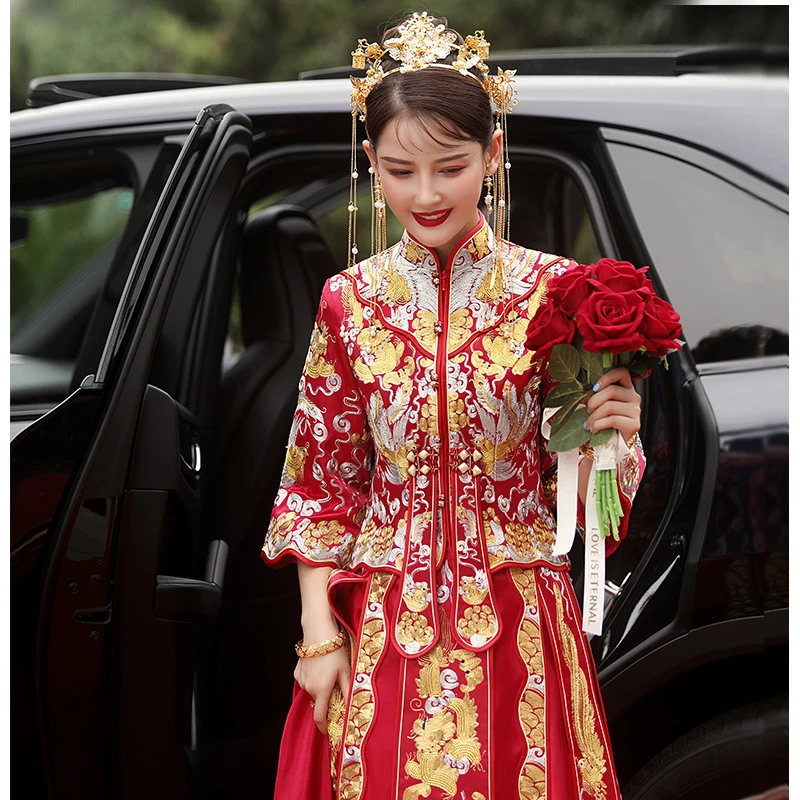 Vestido Cheongsam con bordado de dragón y Fénix para mujer, vestido de boda  de lujo, estilo chino, elegante|Conjuntos| - AliExpress