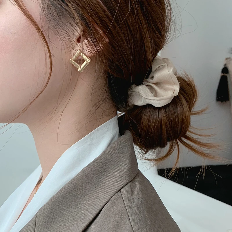 HUANZHI Korean S925 Silver Pin Matte Geometric Square Hollow Splice Small Stud Earrings for Women Girls Wedding Party Gifts