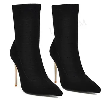 

LAIGZEM Women Sock Boots 10CM Stiletto High Heels Elastic Slip On Boots 4 Seasons Botines Ladies Shoes Woman Large Size 43 44 48