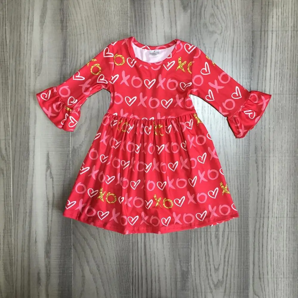 Детская одежда для маленьких девочек на День святого Валентина хлопковое красное XOXO весенне-зимнее платье с оборками в форме сердца изысканное платье до колена