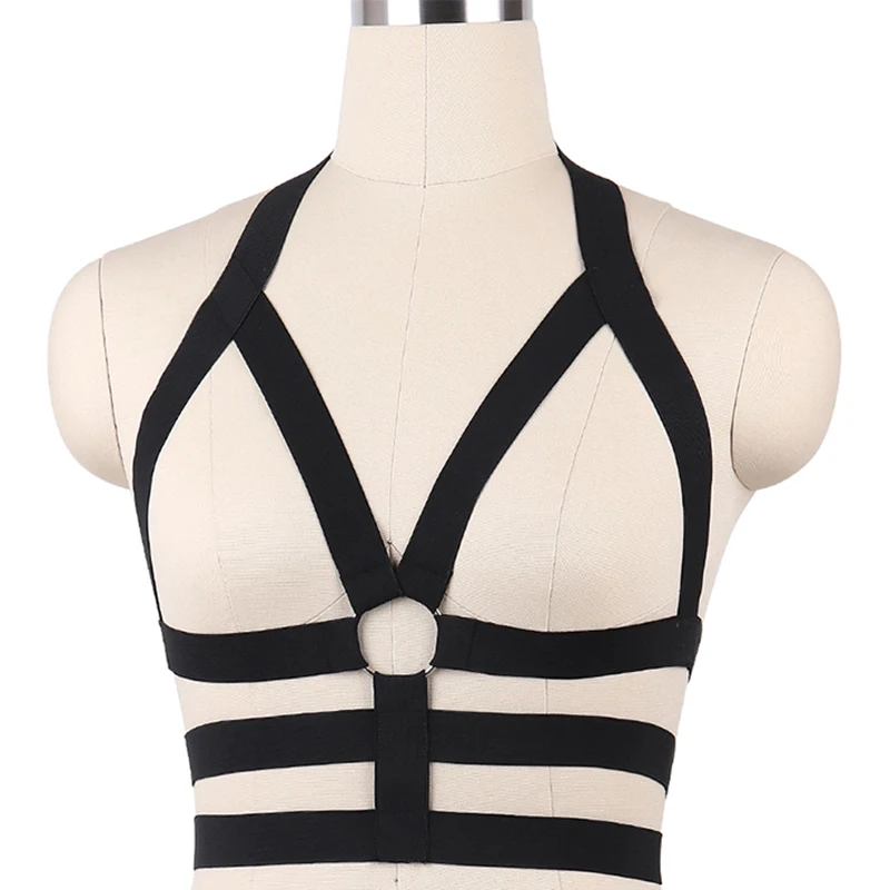 Pastel Goth Body Harness Bondage Sexy Lingerie Black Suspender Belt Goth Rave Open Chest Bra Edgy Harness Bra Woman Body Cage