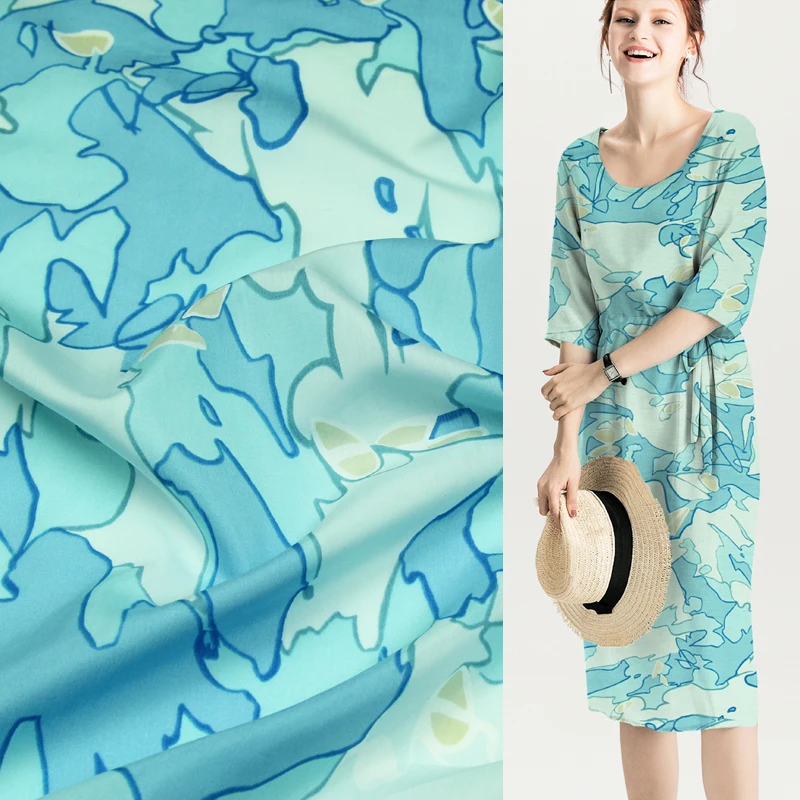 

Abstract fashion blue print design silk and cotton blended fabric 12momme,SCT583