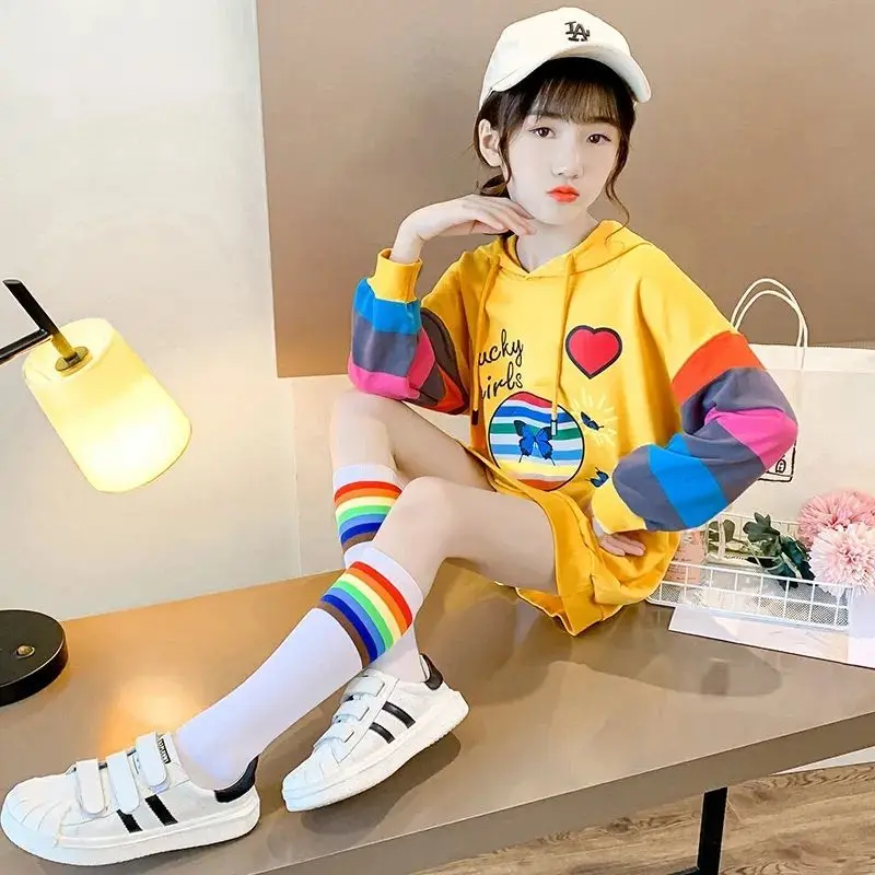 

Girls'2022 Hoodies New Teenager Spring Autumn Cotton Sweatshirts Kids Underwear Yellow Outdoor Children's