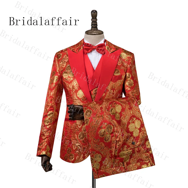 Bridalaffair красный Для мужчин костюмы комплект из 3 предметов осень банкет серии золотой пион жениха мужской мундир для свадьбы двубортное пальто; Детский костюм с жилеткой