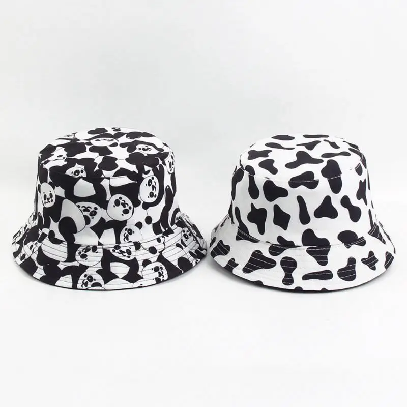 Unisex Summer Cotton Bucket Hat Black White Panda Animal Print Reversible Outdoor Sunscreen Hip Hop Panama Fisherman Cap