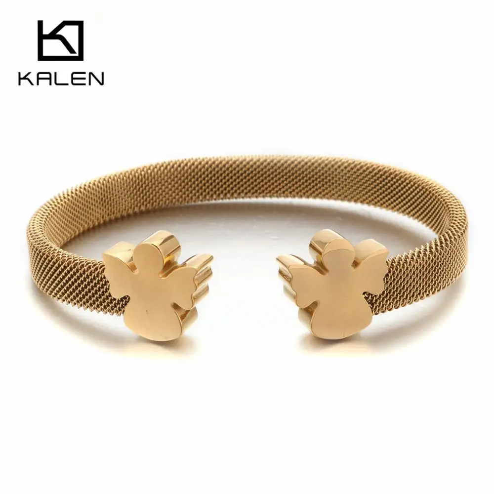 

KALEN Stainless Steel Tri-color Mesh Chain Cuff Bangle Women Rose Gold/Silver Angel Charm Adjustable Opening Bracelet Jewelry