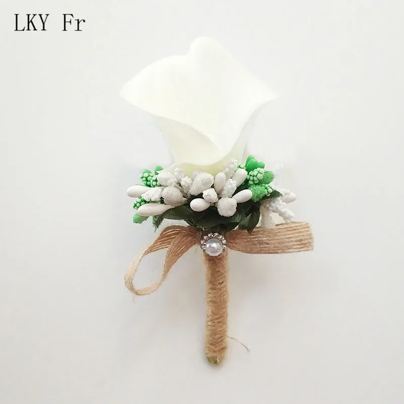 White Boutonniere Розовый Калла Лилия Бутоньерка Свадебные корсажи и бутоньерки жених шафера Buttonhole мужские свадебные цветы Mariage аксессуары - Цвет: White Boutonniere