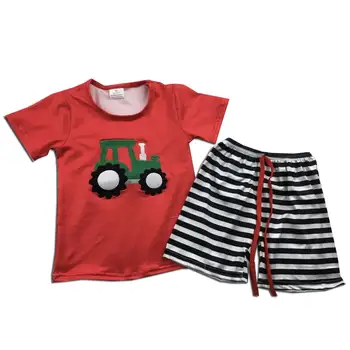 

red embroidery car pattern shirt matching stripe short boy outfits