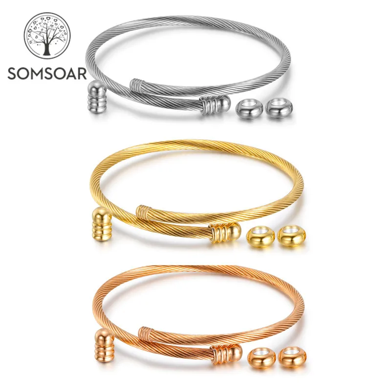

Somsoar Jewelry Stainless Steel DIY cable Bracelet Bangle with Detachable nut fit DIY Dangle Charms P beads 10pcs/lot