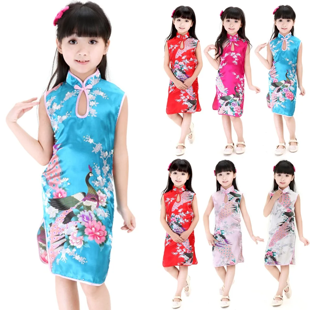 2Y-8Y Baby Girl Dress Peacock Sleeveless Slim Traditional Dress Cheongsam Girls Clothes Chinese Style Qipao baby chinese dress