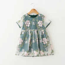 Платье для девочек; летнее платье принцессы с цветочным рисунком; зеленое трикотажное платье; детское пляжное платье с цветочной вышивкой; красивая одежда для девочек