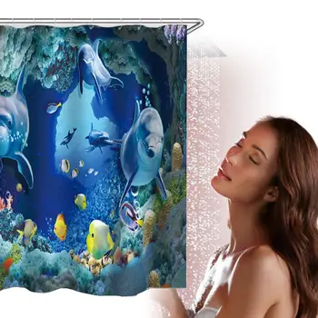 

Sea Dolphin Eco-Friendly Waterproof Curtains Shower Curtain Bathroom Curtain Blue Ocean Decoration Hooks Toilet Home