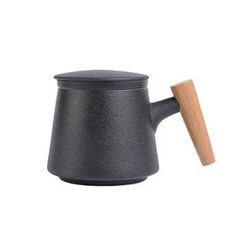 

Japanese-Style Creative Wooden Handle Ceramic Tea Cup with Lid Filter Tea Cup Tea Separation Cup Flower Tea Cup Office Cup