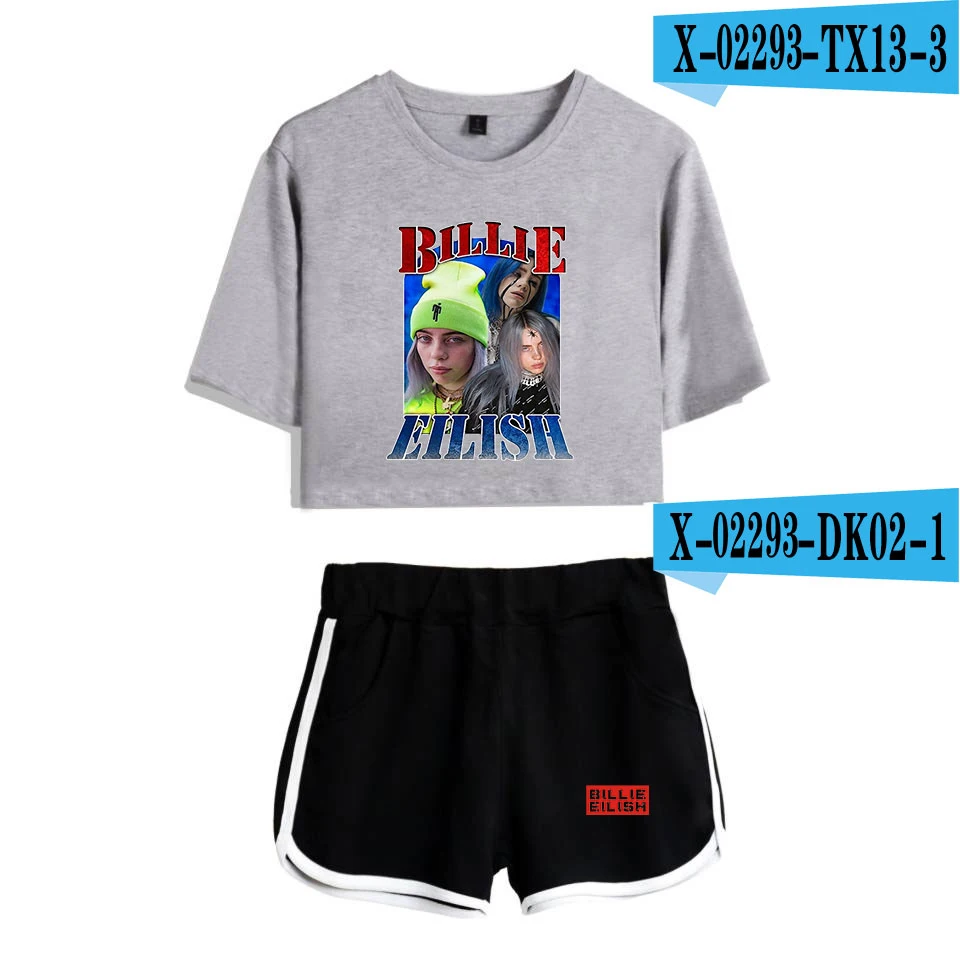 As Picture Popular new to Billie Eilish black short belly button T-shirt+ white shorts fashion women casual cotton girl two-piece - Цвет: As Picture