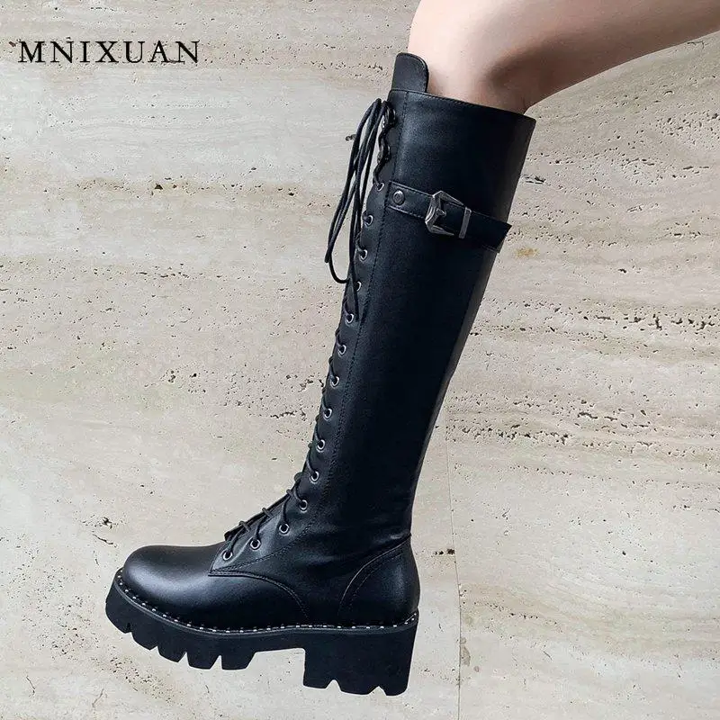 MNIXUAN/ковбойские сапоги; женские Ботинки martin; Новинка года; зимние сапоги из натуральной кожи; высота платформы по колено; сапоги в западном стиле на высоком блочном каблуке