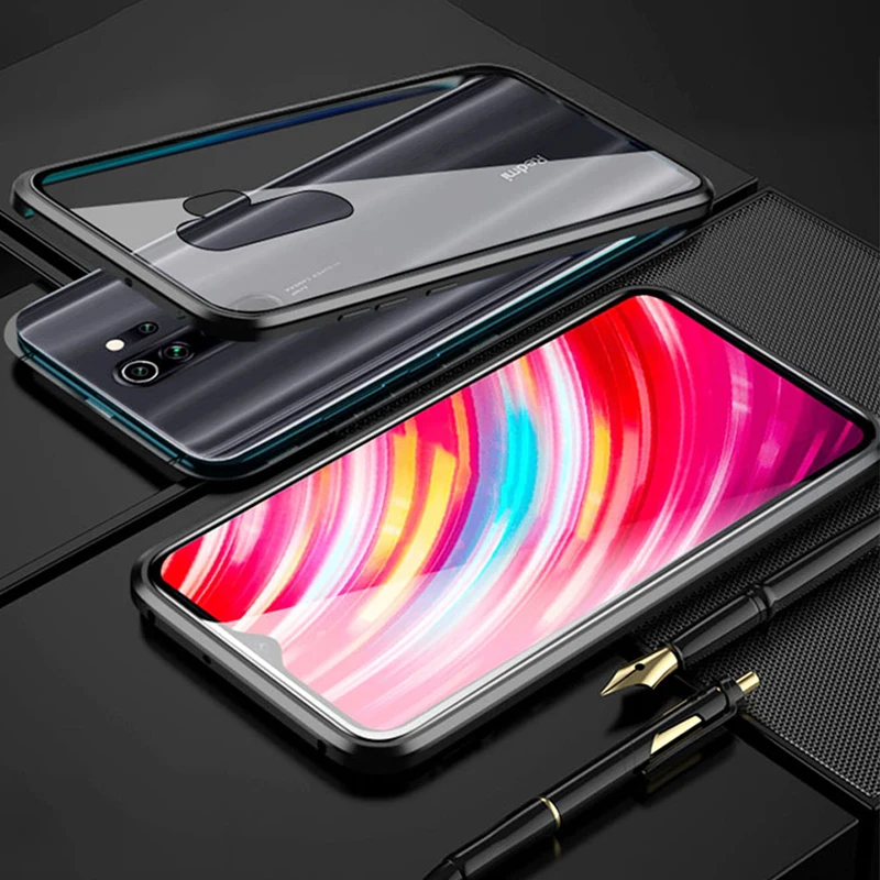 Магнитный чехол для Xiaomi Redmi Note 8 Pro, чехол, двусторонний чехол из закаленного стекла для Redmi Note8 Pro, чехол, твердая крышка, стекло, Fundas - Цвет: Черный