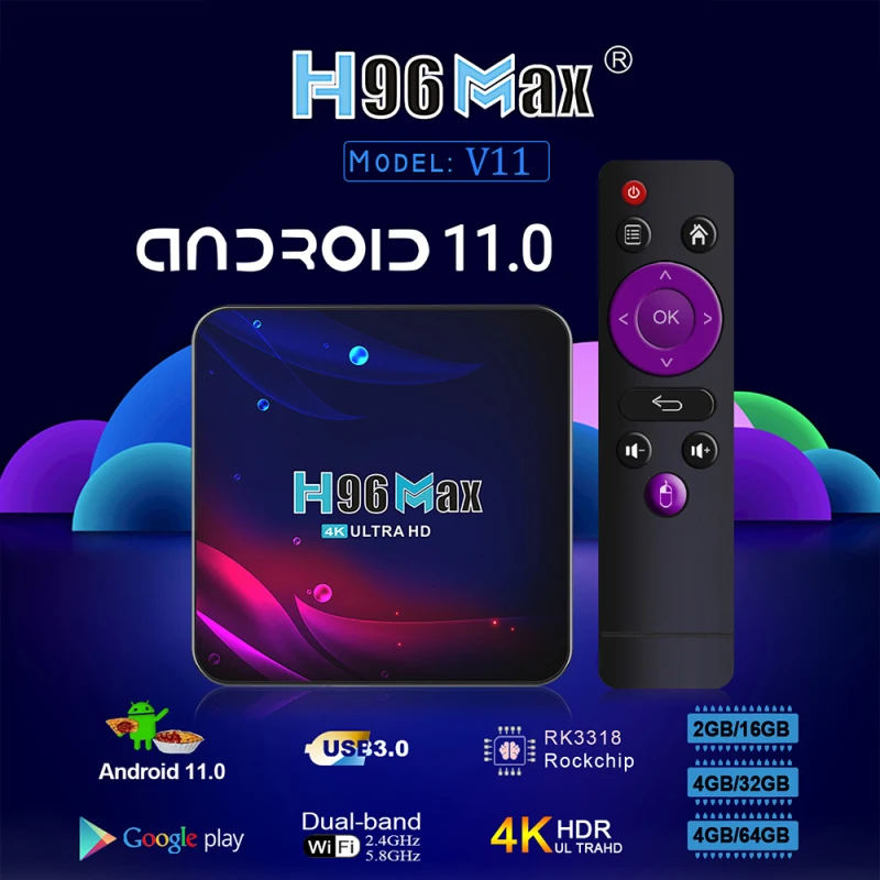 ТВ-приставка Google Voice Android 10 4 + 32/64 ГБ 4K H.265 2 4/5 ГГц Wi-Fi Bluetooth | Электроника