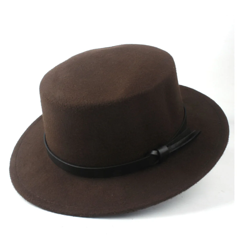 Новинка, мужская и женская шерстяная зимняя фетровая шляпа с плоским верхом, шляпа с широкими полями, шляпа-чародей, шляпа со свининой, джазовая шляпа, шерстяная шляпа Трилби, размер 56-58 см - Цвет: Coffee
