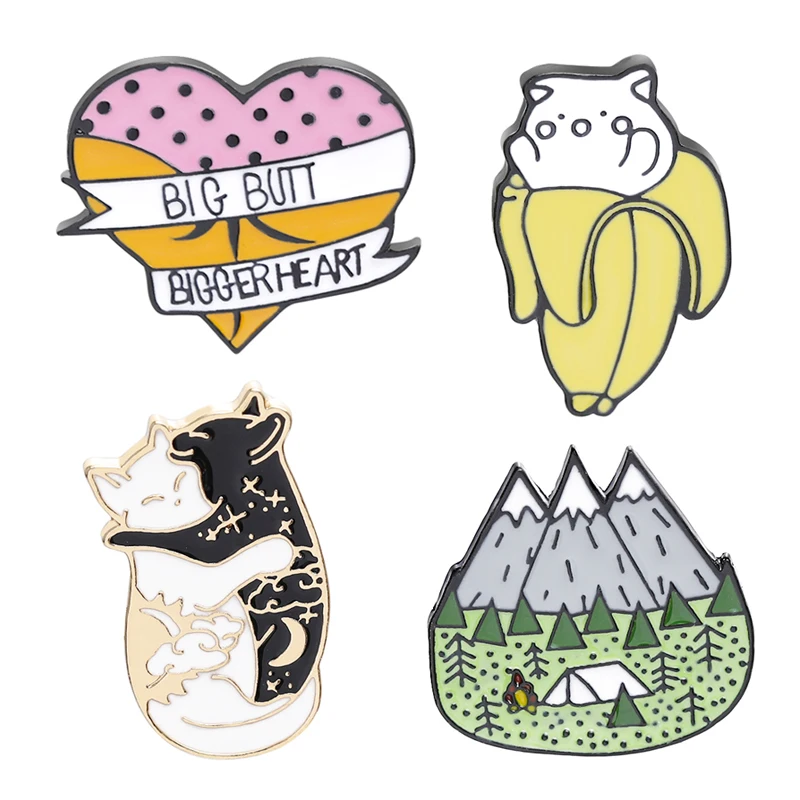 

camping pins and brooches funny banana cat lapel pins badge enamel big butt bigger heart brooch Hugging cats pin black white pin