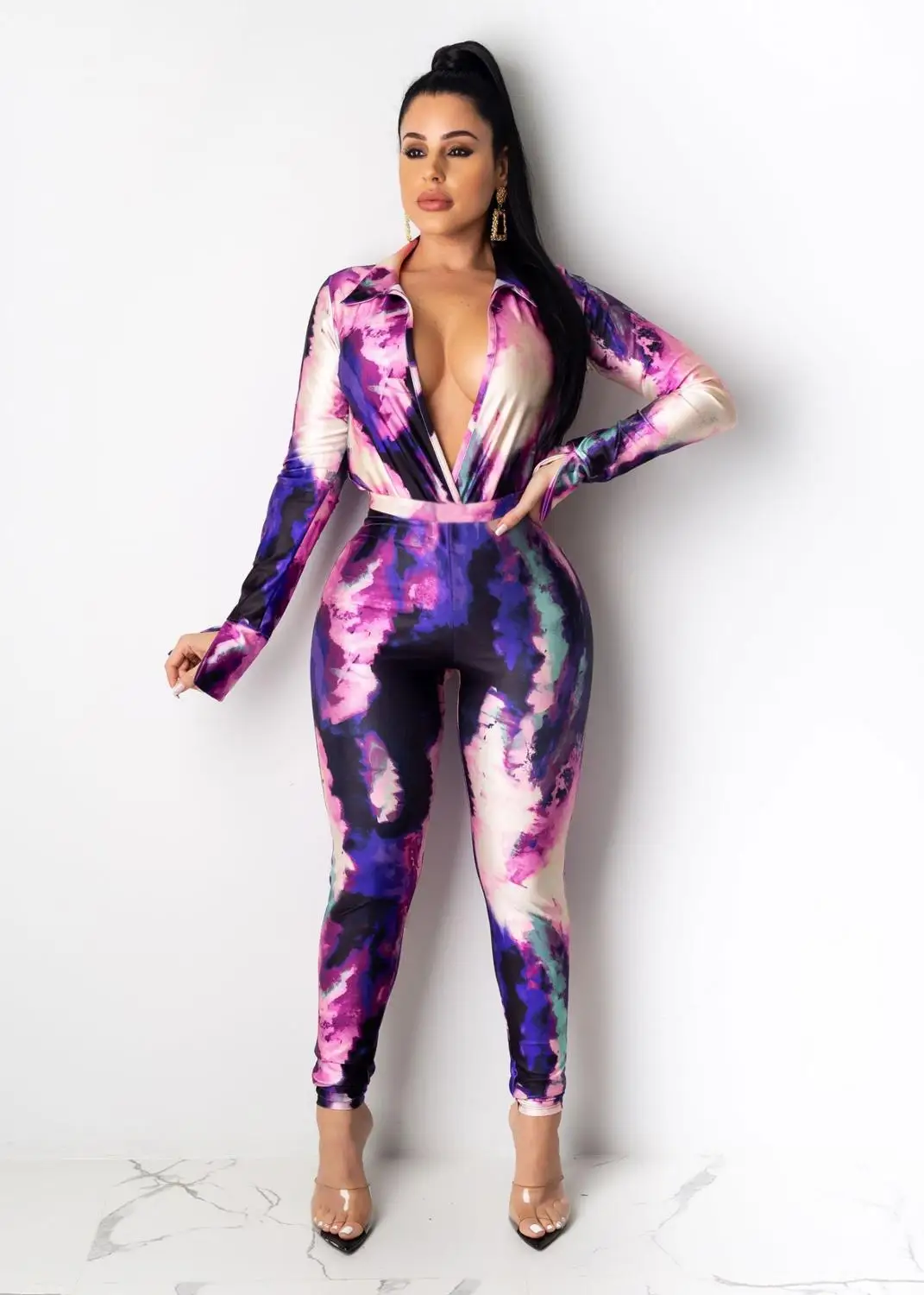 Пляжный стиль с принтом tie dye, сексуальный комбинезон с глубоким v-образным вырезом, женский сексуальный Облегающий комбинезон с длинным рукавом, длинные спортивные комбинезоны