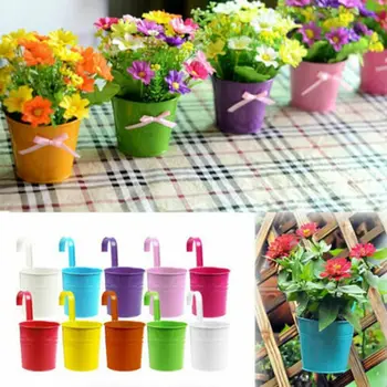 

1Pcs Removable Hook Wall Fence Bonsai Flower Tub Pots Candy Color Iron Bucket Tin Garden Balcony Hanging Decor Succulent Basket