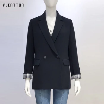 

Autumn New Black Elegant Office Lady Blazer Jacket Women Plaid Cuff Double Breasted Long Sleeve Suit Coat Female Blazers Outwear