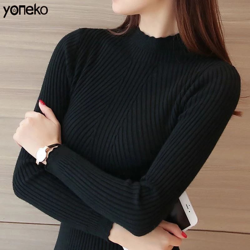

YONEKO Autumn Knitted Sweater Turtleneck Pullovers Lady Slim Tops 2020 Casual Long Sleeve Solid Soft Sweaters Plus Size KM160