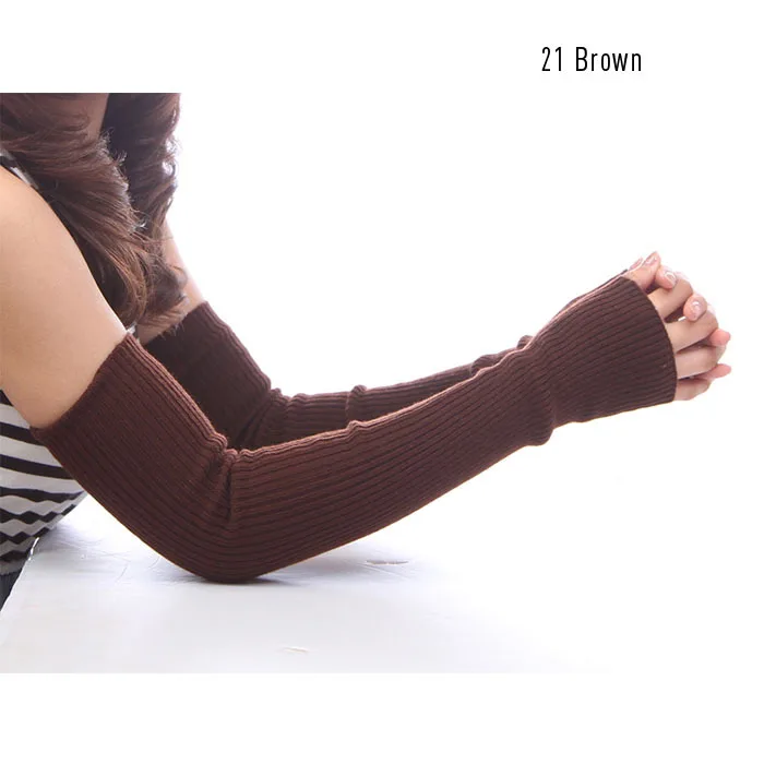 Winter 40 50 60 Long Arm Wool Warmers Fingerless Arm Solid Wholesale Knitted Women's Knitted Fine Gloves Sleeve Woolen cm - Color: 21 Brown