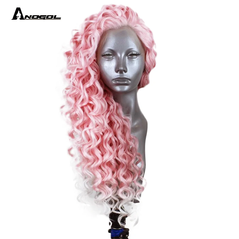 Anogol Розовый Синтетический кружевной передний парик с свободной частью афро