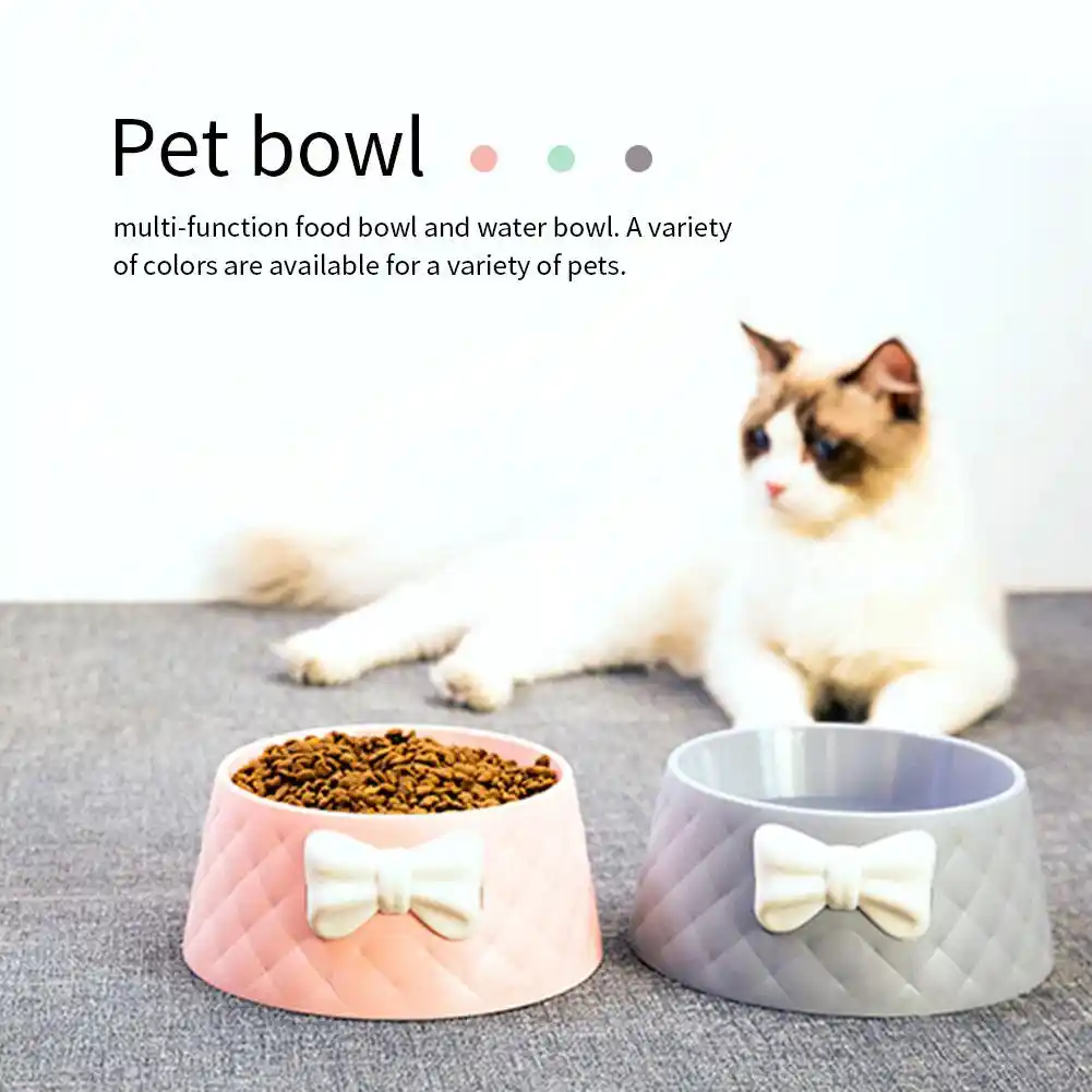 Pet Bowl Feeder Cute Bow Diamond Pattern Dog Cat Bowl