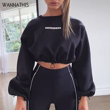 WannaThis Black Hoodie Letter Print Drawstring Waist Lantern Sleeve Loose Crop Top Long Sleeve Fashion Autumn Women Sweatshirts WannaThis Black Hoodie Letter Print Drawstring Waist Lantern Sleeve Loose Crop Top Long Sleeve Fashion Autumn Women Sweatshirts