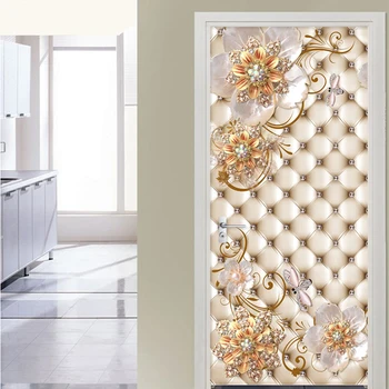 

PVC Self-Adhesive Door Sticker 3D Stereo Golden Jewelry Flowers Soft Roll Mural Luxury Home Decor Door Poster Wallpaper Stickers
