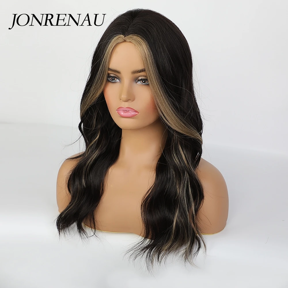 JONRENAU Middle Part Black Brown Wigs with Highlights for Black Women Afro Natural Wave Synthetic Hair Cosplay Party Daily wig