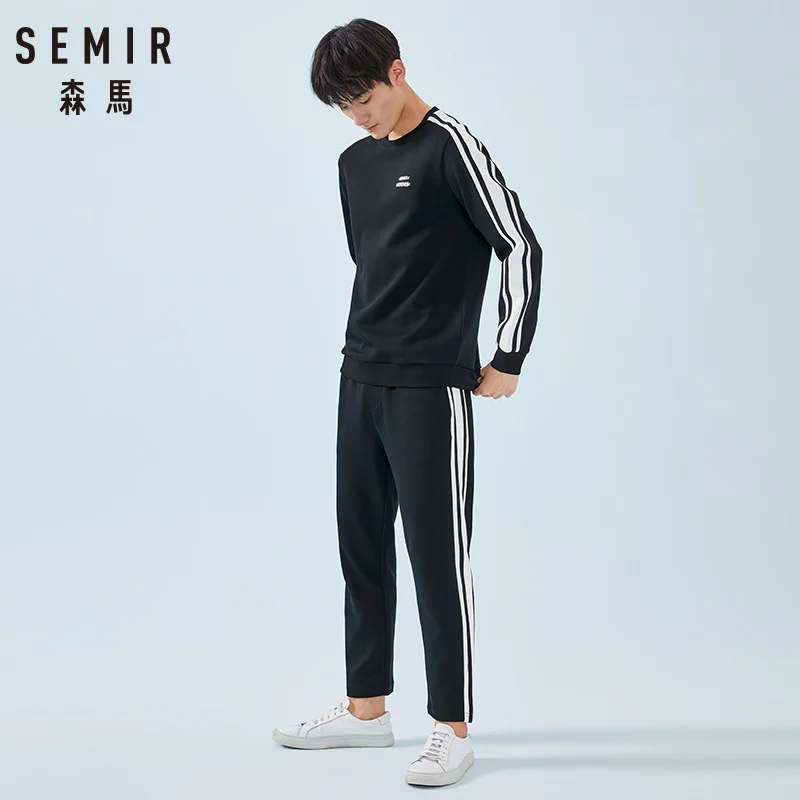 Semir набор для мужчин весна и осень Круглый вырез пуловер с принтом толстовки контрастный цвет полосатые штаны комплект спортивной одежды