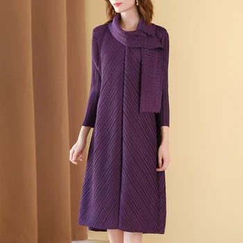 

Plus Size Dress For Women 45-75kg Autumn 2020 New Solid color Miyake Pleated Loose Casual Elegant Dress