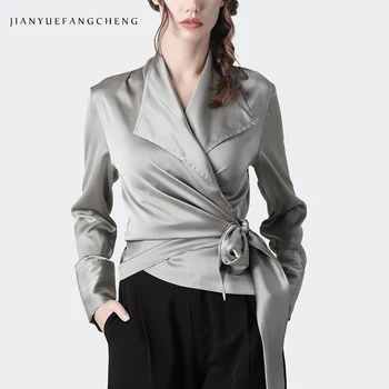 

Fashion Silver Gray Satin Blouse Women Long Sleeve V-Neck Tops Crossed Sashes Lace-up Shirts 2020 Spring New Office Casual Shirt