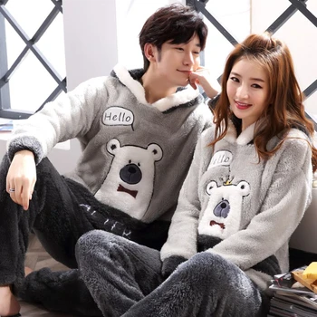 

Winter couple pajamas suit men and women flannel pajamas thickened plush hooded long sleeve cartoon female and male home clothes