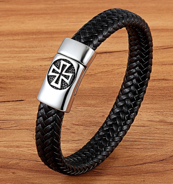 Hot Sale Unique Vintage Men's Black Braided Leather Bracelet Stainless Steel Magnetic Clasp Dropshipping Male Jewelry Bracelets Steel