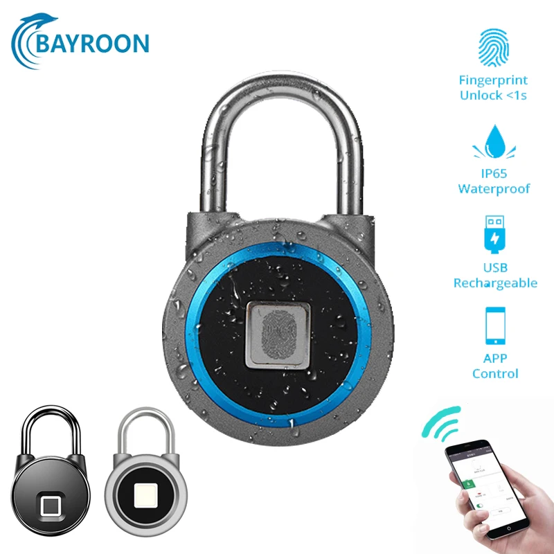 

Bayroon Security Portable Smart Waterproof Keyless Lock APP Control Android IOS Phone Bluetooth Fingerprint Unlock Door PadLock