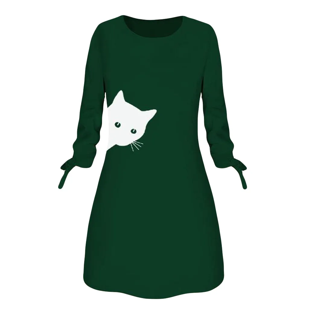 Женская мода Печатный кот животное Лук О-образным вырезом с длинным рукавом Блузка мини-платье#50