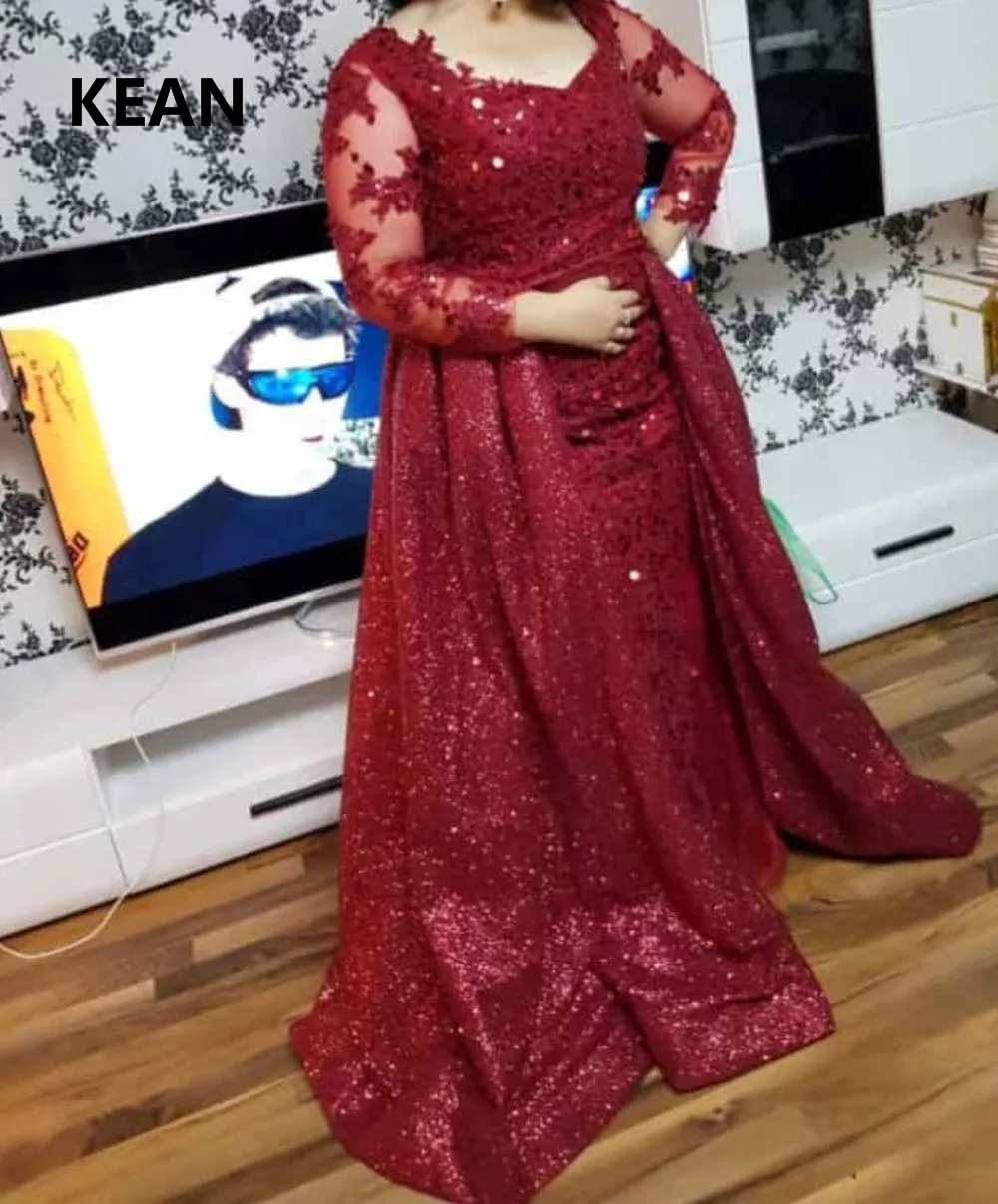 Бургундское вечернее платье для мусульманских женщин блёстки Русалка съемный шлейф шарф ислам Дубаи кафтан Саудовская Арабский выпускное платье на заказ