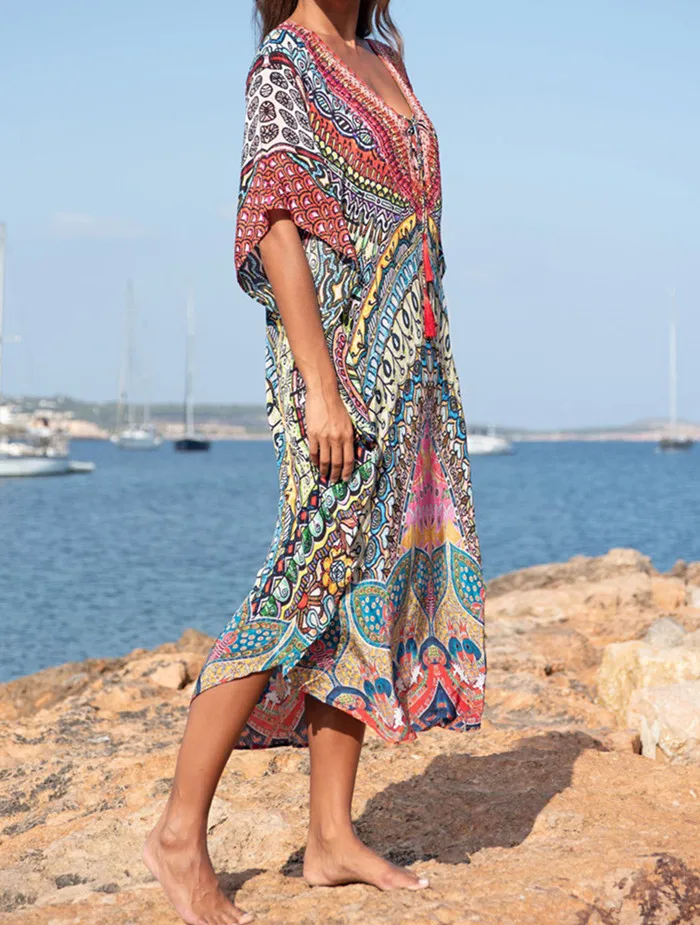Boho печати длинное пляжное платье пляжные комбинезоны для женское парео де пляжный купальный костюм накидка для пляжа купальник "саронг" пляжный Халат