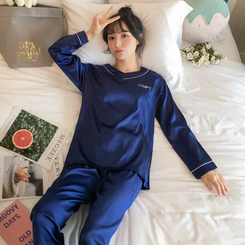 

Spike ARTISTRY) Pajamas Women's Spring And Autumn Imitated Silk Fabric Long Sleeve V-neck Viscose Piece Tracksuit M-4xl Two-colo